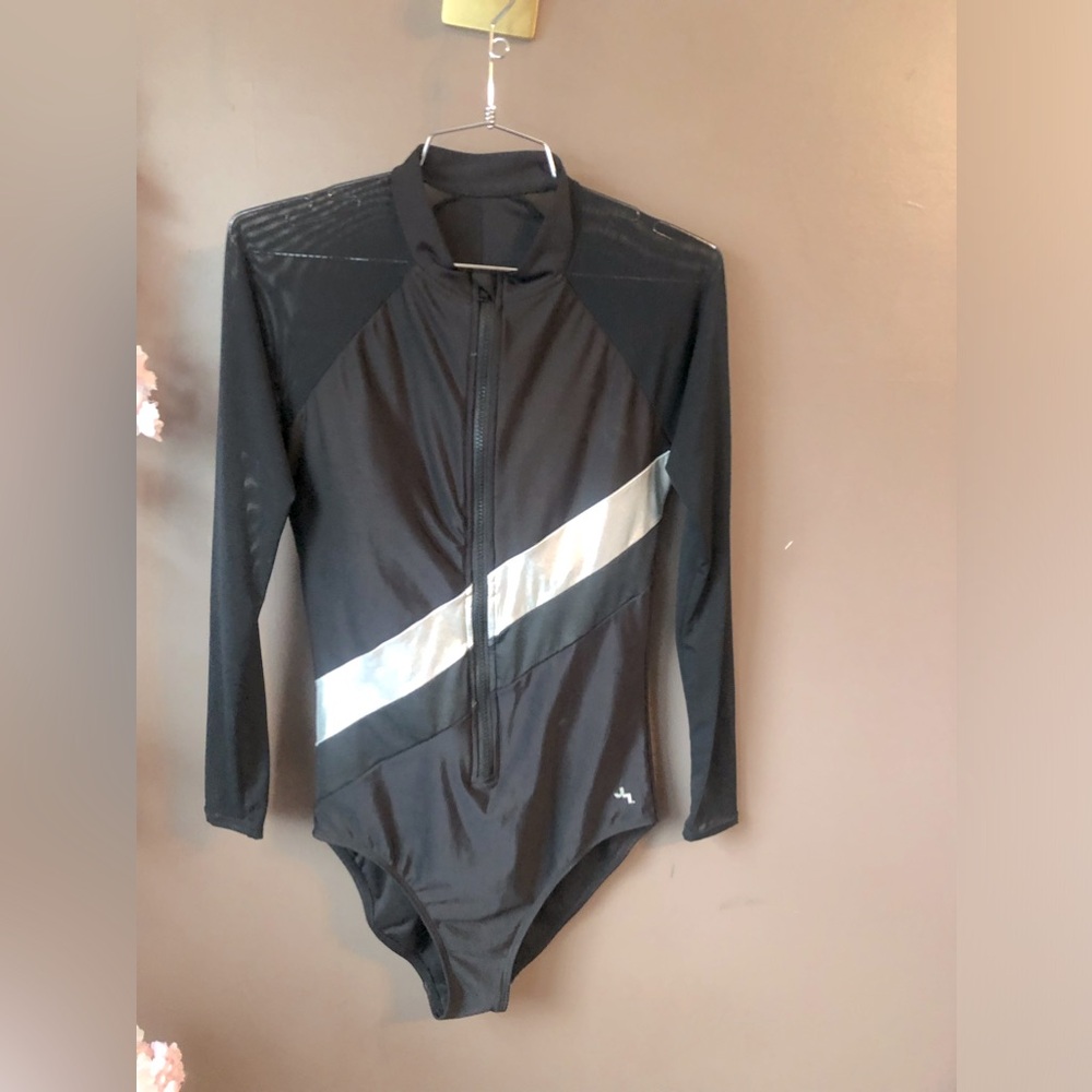 One piece swimsuit with long-sleeve mesh arms.
